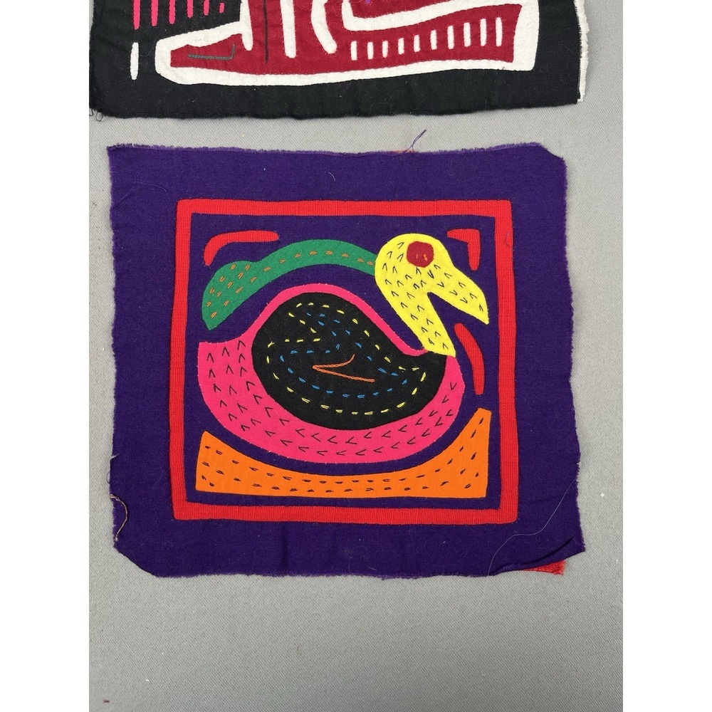 2 VTG Kuna Mola Hand Sewn Art Textile Fabric Folk Fabric Birds Duck Quilt Block - Picture 2 of 11